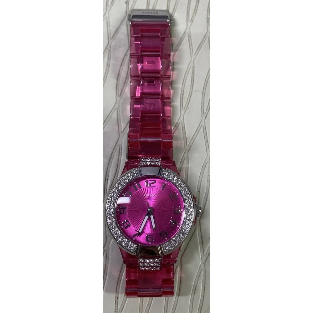 GUESS Women's U95198L3 Pink Plastic Strap Quartz Watch with Pink Dial Bezels EUC